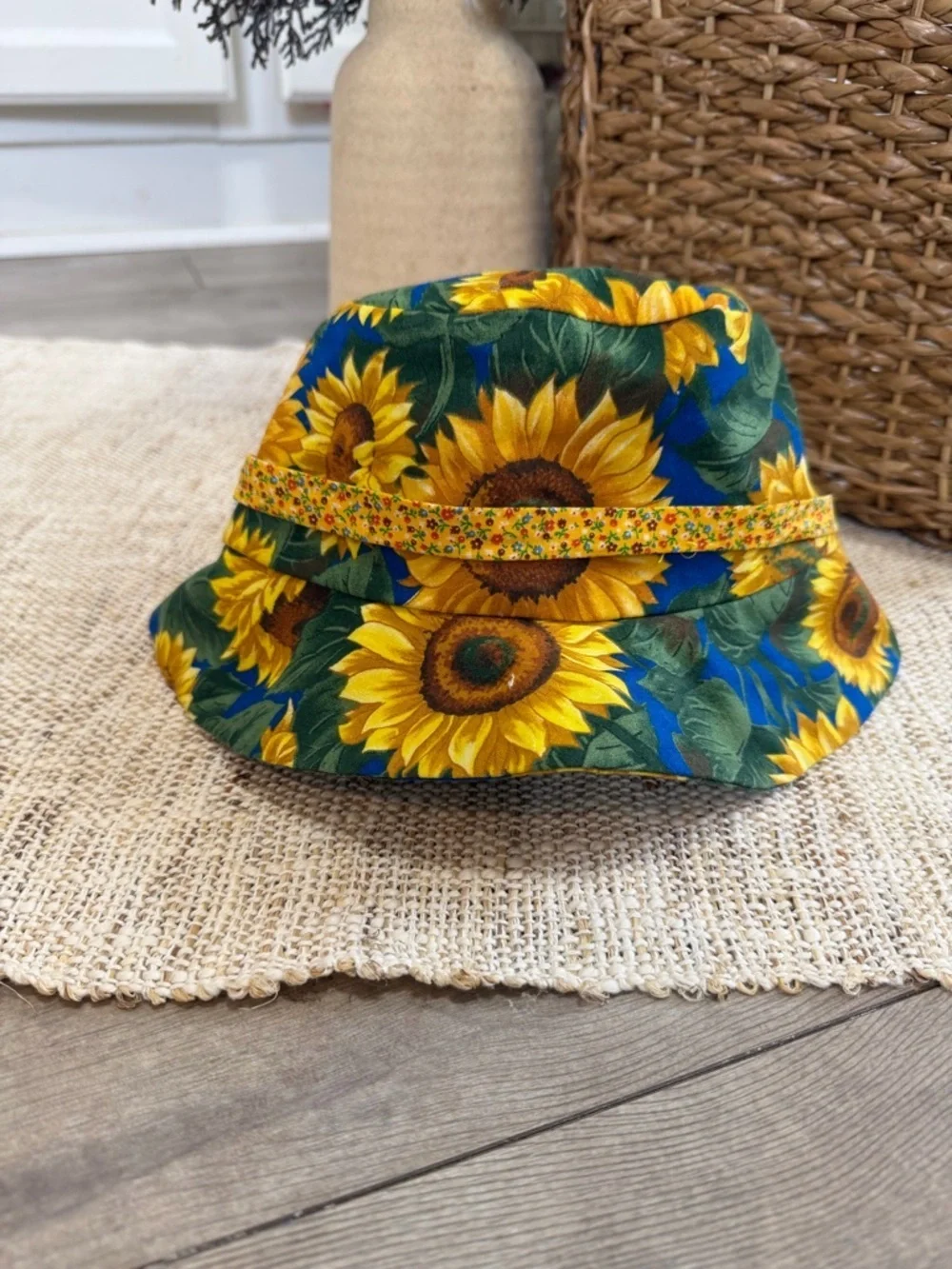 Vintage 90s Baby Toddler Girl Hat Sunflower Print Bucket Hat ADORABLE